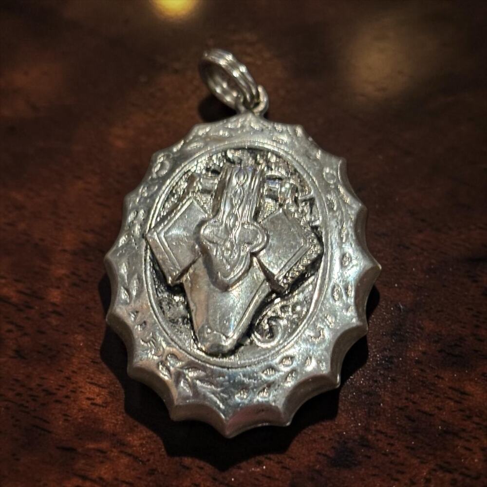 Antique Book & Hand Pendant Silver Tone Edwardian Literary Scholar Talisman